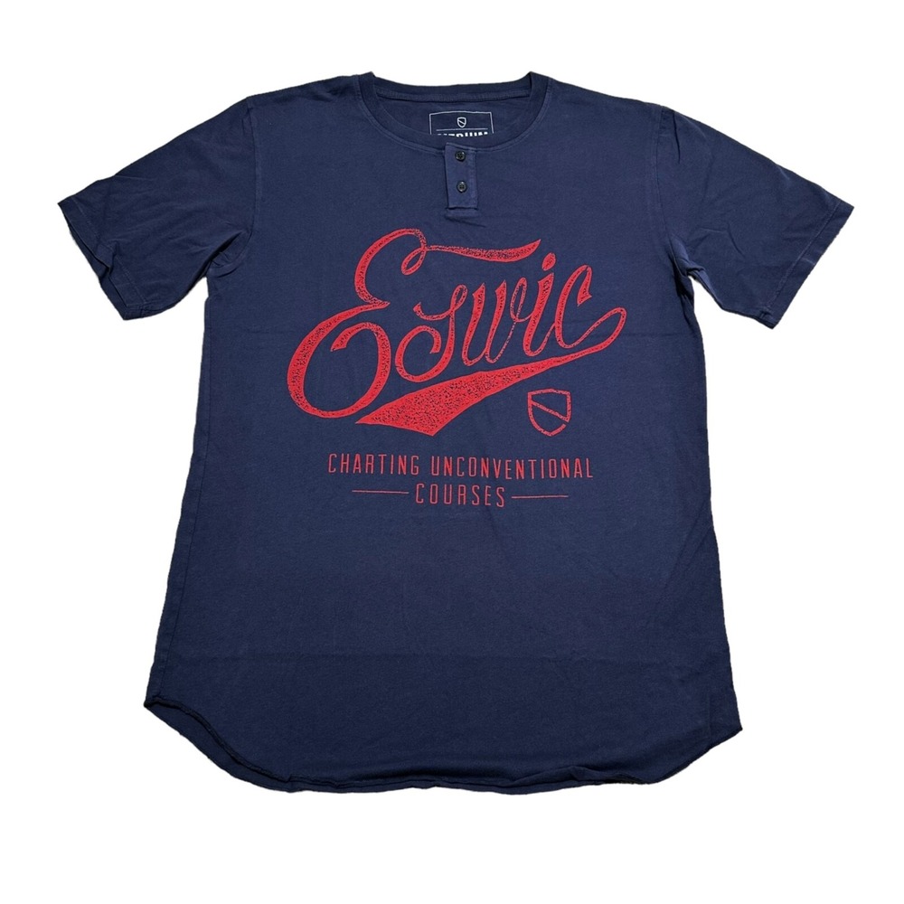 Eswic Mens Size M Navy Blue Henley‎ Graphic T-Shirt Curved Hem Short Sleeve NEW